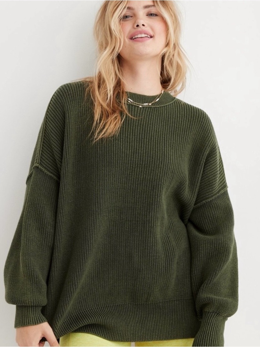 Aerie Oversized Ribbed Knit Sweater Olive Green Size Large